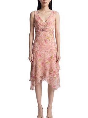 D.J. Summers | Vintage Pink Floral V-Neck Midi Dress Rosette & Ruffle Hem